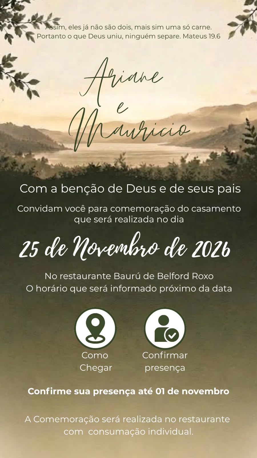 Convite de casamento de Ariane e Maurício, em 25 de novembro de 2026, no restaurante Bauru de Belford Roxo.